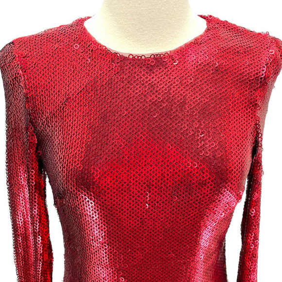 Monique Lhuillier NWT Long Sleeve Red Open Back Sequin Cocktail Mini Dress 6 - Picture 9 of 16